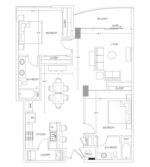 Floor plan for 2 beds, 2 baths, 1311 sqft
